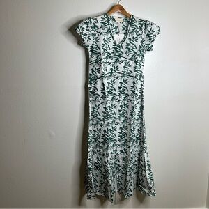 NWT Ex Voto 100% Cotton White Green Bird Block Printed Maxi Dress